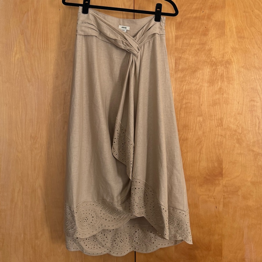Jason Wu Embroidered Eyelet tan front ruffle handkerchief faux-wrap linen skirt - Picture 4 of 9